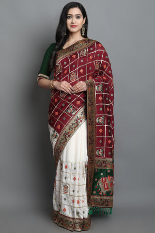 HEAVY SOFT SILK PATOLA 104 WHITE & MARRON COLOR SAREE