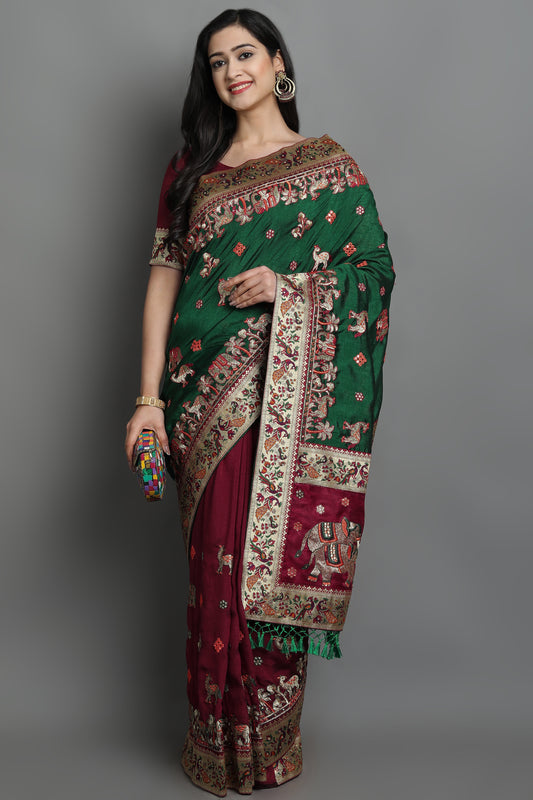 HEAVY SOFT SILK PATOLA 106 MAROON AND GREEN COLOR SAREE