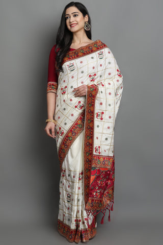 HEAVY SOFT SILK PATOLA 107 WHITE AND RED COLOR SAREE