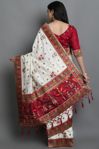 HEAVY SOFT SILK PATOLA 107 WHITE AND RED COLOR SAREE