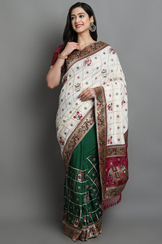 HEAVY SOFT SILK PATOLA 110 WHITE AND GREEN COLOR SAREE