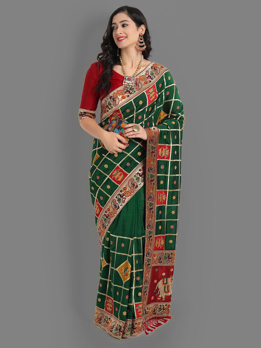 HEAVY PANETAR VICHITRA SOFT SILK GREEN COLOR SAREE 101